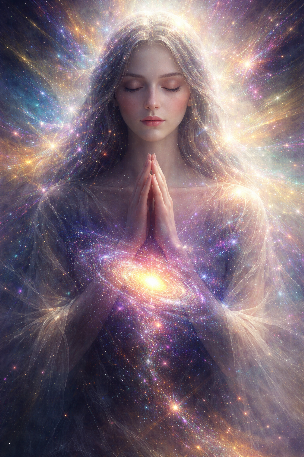 A serene, ethereal portrait of a woman in prayer. Her physical form is soft and subtle, rendered in muted charcoal tones, but her chest is translucent, revealing the shimmering Andromeda Galaxy spinning within her heart. The starlight is "incorruptible," glowing with a soft, warm gold and deep violet light. The image captures the "meek and quiet spirit" through her closed eyes and a slight, peaceful smile. Digital art, double exposure style, cinematic lighting, hyper-detailed stars.
