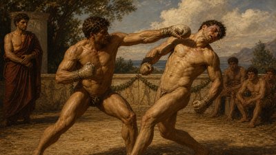 ancient greek ignudi boxers hit each other outdoors