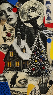 a snow-covered cottage with warm glowing windows beside a decorated pine tree, gentle snowfall, no text
