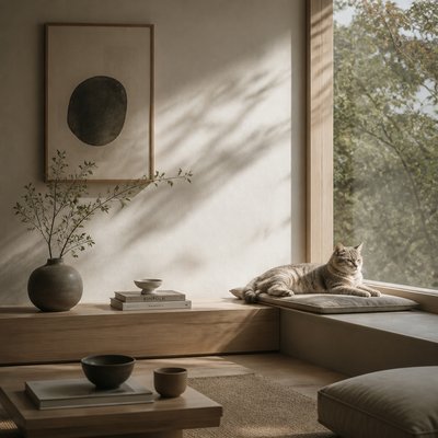 a cat lounging in a sunlit window