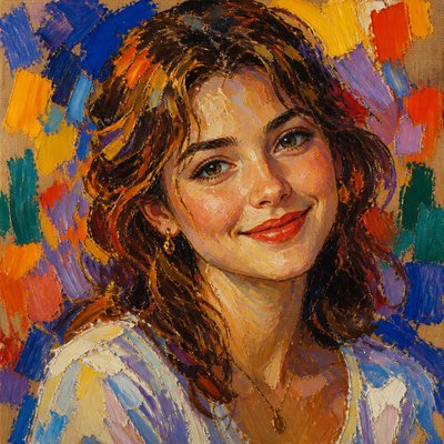 head-and-shoulders portrait of an original character: a young woman with wavy chestnut hair and a warm smile, plain soft backdrop