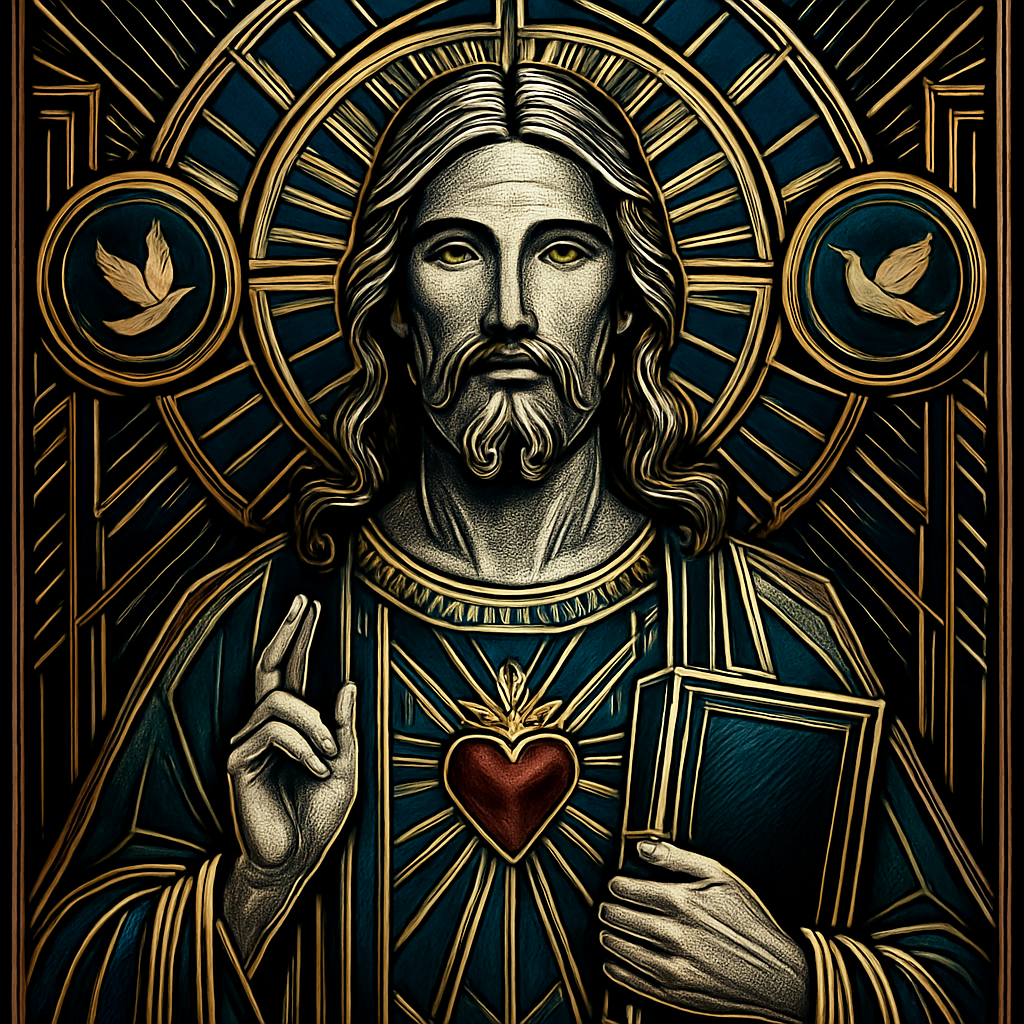 a painting of jesus holding a book and a heart