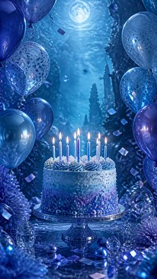a birthday cake with lit candles surrounded by balloons and confetti, festive vertical composition, no text
