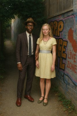 a man and a woman standing in front of a graffiti covered wall