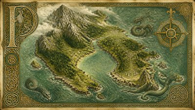 a map of an island realm with mountains, forests, a sheltered bay, sea monsters in the water and a compass rose, no text labels
