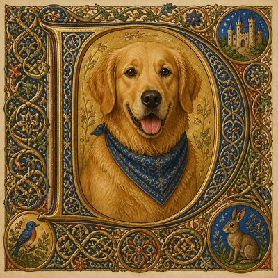 portrait of a golden retriever wearing a blue bandana, warm plain backdrop, no text