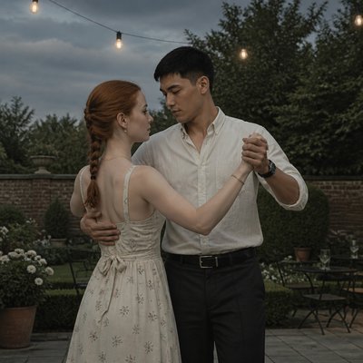 an original couple dancing under string lights in a garden at dusk: a man with short black hair in a linen shirt and a woman with braided red hair in a summer dress