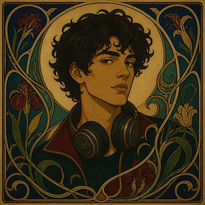 head-and-shoulders portrait of an original character: a young man with curly dark hair and headphones around his neck, plain backdrop, no text