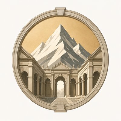 an emblem of a mountain peak inside a circle, simple bold shapes on a plain background, no text or lettering