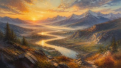 a vast valley with a river winding toward distant mountains at sunrise, no people, no text