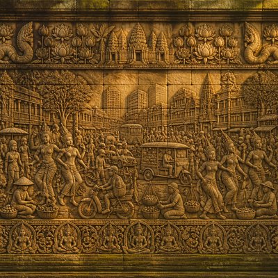 urban street with city activity — Cambodian Art Style