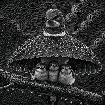 a black and white drawing of three birds sitting on a tree branch in the rain