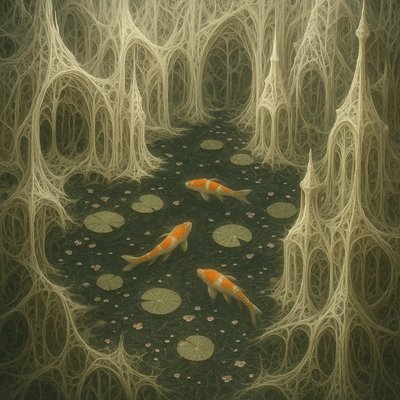 A koi pond seen from above, orange and white koi fish swimming among lily pads, clear water with subtle ripples, fallen cherry blossom petals floating on the surface, dappled sunlight