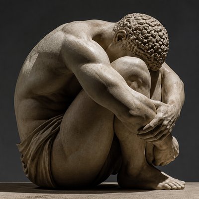 ancient greek athlete curling his body in a circle while sitting on the ground 