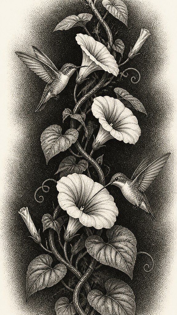 a climbing vine of flowers and hummingbirds on a dark background, tall wrapping composition, no text
