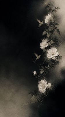 a climbing vine of flowers and hummingbirds on a dark background, tall wrapping composition, no text