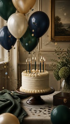 a birthday cake with lit candles surrounded by balloons and confetti, festive vertical composition, no text
