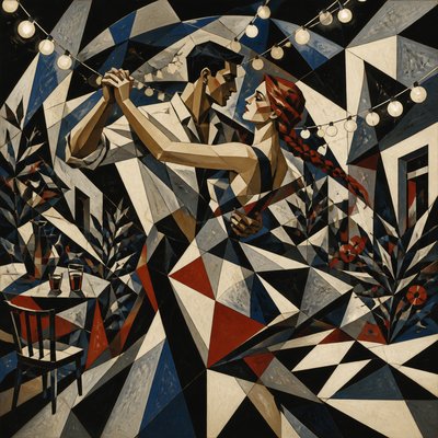 an original couple dancing under string lights in a garden at dusk: a man with short black hair in a linen shirt and a woman with braided red hair in a summer dress
