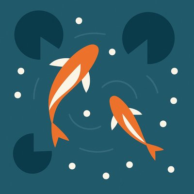 A koi pond seen from above, orange and white koi fish swimming among lily pads, clear water with subtle ripples, fallen cherry blossom petals floating on the surface, dappled sunlight