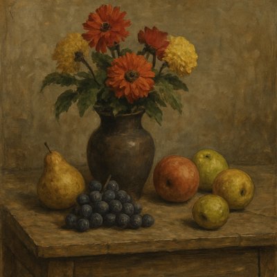 still life arrangement of fruits and flowers