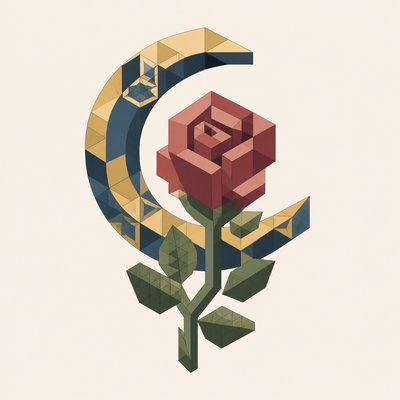 a rose entwined with a crescent moon, clean balanced composition on a plain background, no text