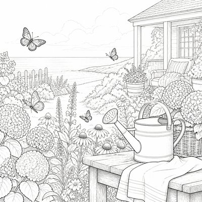 a garden scene with butterflies, flowers and a watering can, clean uncolored line art, no text