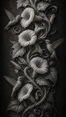 a climbing vine of flowers and hummingbirds on a dark background, tall wrapping composition, no text