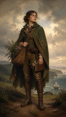 full-body original character: a wandering botanist with a satchel of plants, a patched green cloak, tall boots and round glasses, neutral background