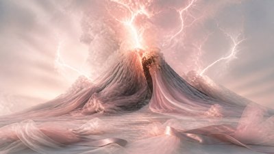 an erupting volcano with lightning strikes, dramatic wide composition, no text
