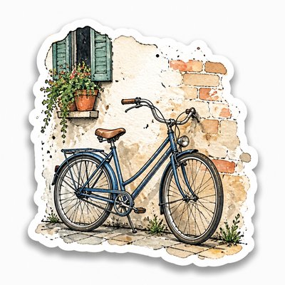 bicyle resting against a wall — Hand-Drawn Sticker Design