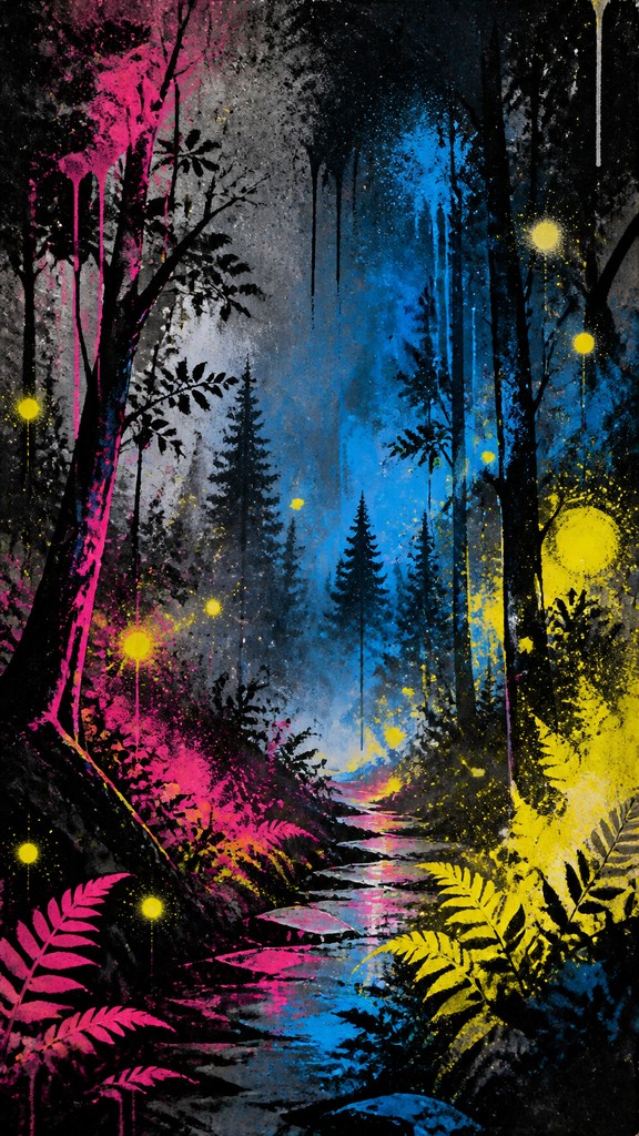 a mysterious forest path with fireflies and drifting mist, atmospheric vertical composition with open space at the top, no text