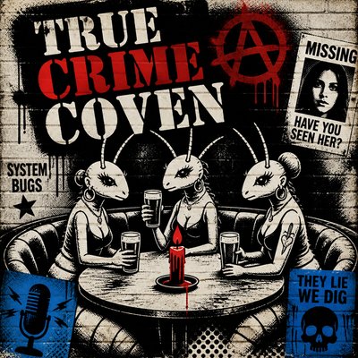 Create a logo with text "TRUE CRIME COVEN"

Have three female termites sitting in a circle shaped booth at a vintage bar. Candle in the middle. Beers in hand. 