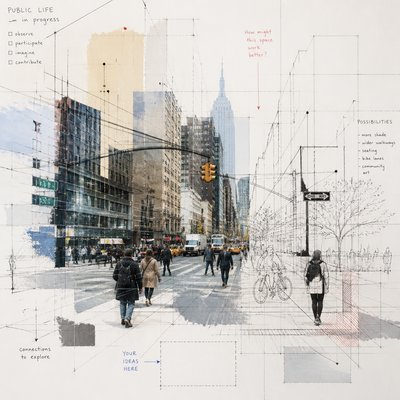 urban street with city activity — Participatory Contemporary Art Style