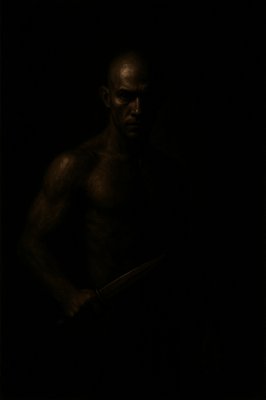 a man holding a knife in a dark room