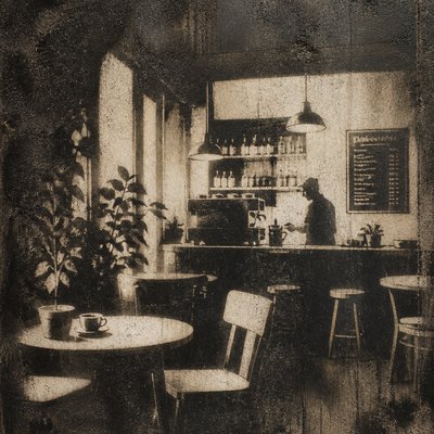 cozy cafe interior with warm lighting