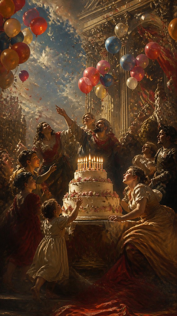 a birthday cake with lit candles surrounded by balloons and confetti, festive vertical composition, no text