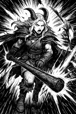 a drawing of a woman with horns and a sword