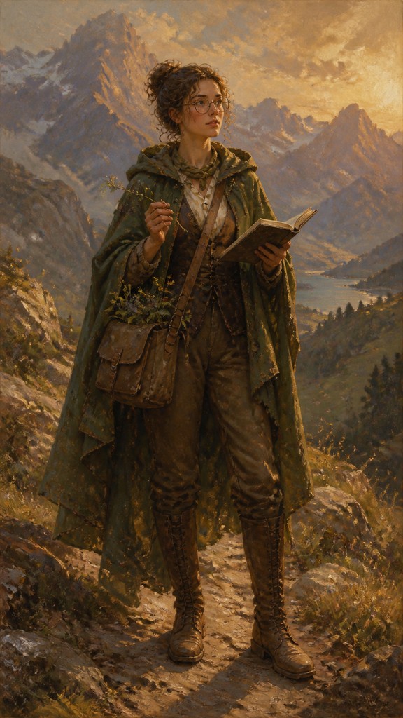 full-body original character: a wandering botanist with a satchel of plants, a patched green cloak, tall boots and round glasses, neutral background