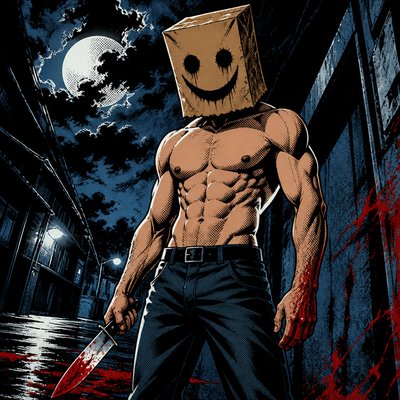Je veux que tu me dessines un homme abdo incroyable un peu comme un slasher avec un couteau et un mask en paper bag avec un sourire creepy il a un pantalon normal Je veux aucun texte , et des couleurs, hyper froides, aucune couleur chaude à part le rouge vif peut-être du blanc et du noir c’est tout
 Et bien évidemment, je veux que la peau soit aussi avec des couleurs chaudes, genre une peau beige je veux pas que le masque soit disproportionné, je veux un masque quand même assez grand et un masque beige marron du supermarché