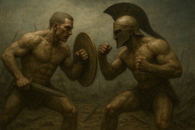 a painting of two men fighting with each other
