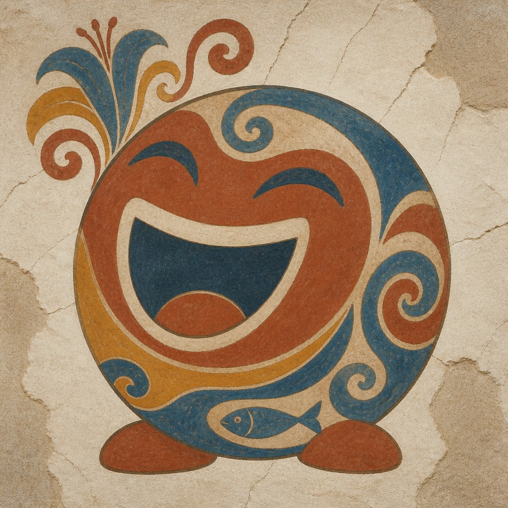 an exaggerated laughing face of an original round mascot character, bold and readable at small size, plain background, no text