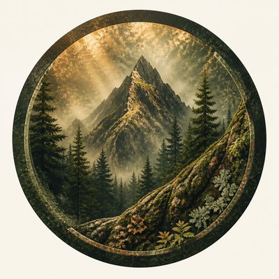 an emblem of a mountain peak inside a circle, simple bold shapes on a plain background, no text or lettering