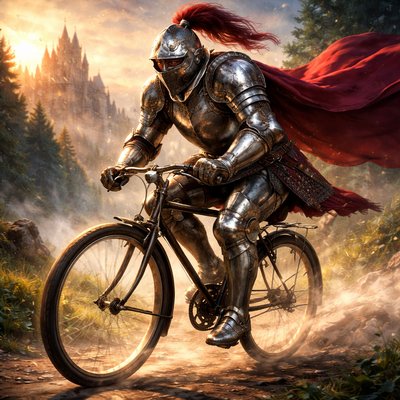 A majestic medieval knight in highly detailed full-plate shining silver armor with intricate engravings, polished reflections, chainmail accents, flowing crimson cape billowing dramatically, ornate plumed helmet with visor partially raised revealing a fierce determined expression, powerfully pedaling a vintage 19th-century safety bicycle at high speed through an epic misty Arthurian landscape at golden hour sunset, ancient stone castles and towering forests in the background, dynamic action pose leaning forward with intense motion blur on the wheels, sunlight glinting off metal plates and chrome bike parts creating rich specular highlights, vibrant color palette with deep blues, warm oranges, rich greens, and metallic silvers, cinematic dramatic lighting with god rays piercing through fog, hyper-detailed textures on armor scratches and fabric, epic fantasy digital painting style, photorealistic yet fantastical, high dynamic range, ultra-detailed 8k, masterpiece by artists like Greg Rutkowski and Alphonse Mucha combined with cinematic fantasy realism, absurd humorous anachronism from Mark Twain's A Connecticut Yankee in King Arthur's Court, breathtaking composition 

