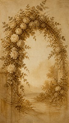 an arch of white roses and eucalyptus in soft morning light, elegant vertical composition with open space, no text