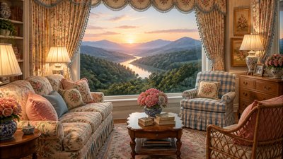 a vast valley with a river winding toward distant mountains at sunrise, no people, no text