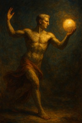 a painting of a man holding a ball