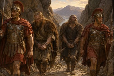 two Roman soldiers lead two viking prisoners in chains through a gap in a mountain passage way