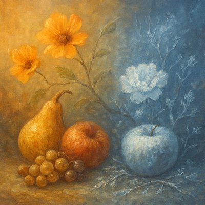 still life arrangement of fruits and flowers