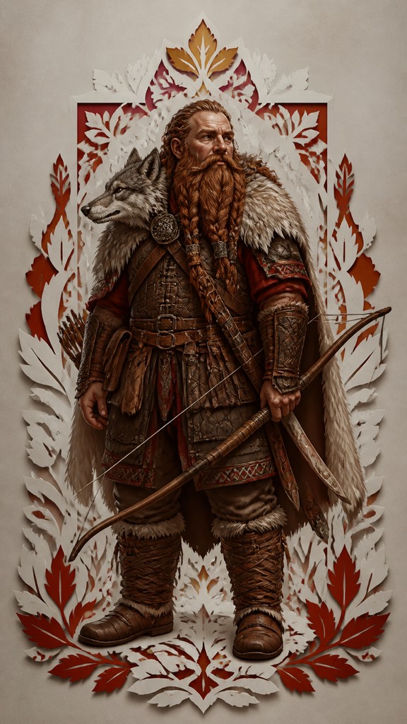 full-body original character: a dwarven ranger with a braided auburn beard, worn leather armor, a longbow and a wolf-pelt cloak, neutral background, no text
