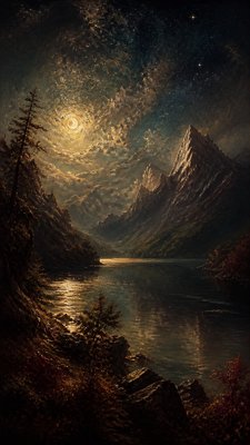 a tranquil mountain lake beneath a starry night sky, no people, no text